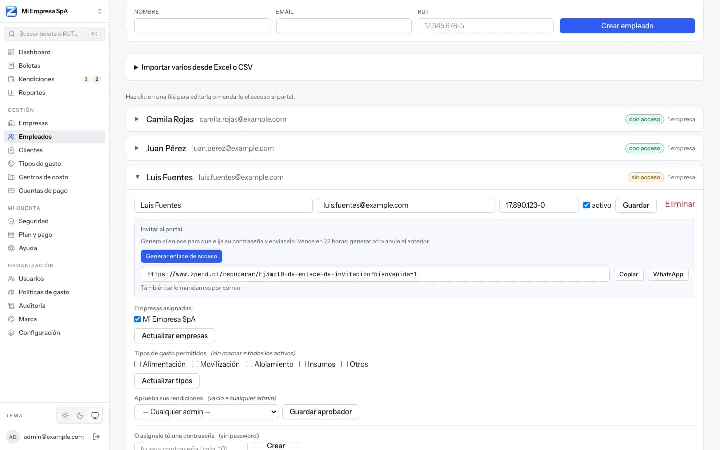 Pantalla Empleados: formulario con nombre, email y RUT, el bloque «Importar varios desde Excel o CSV» y la ficha de un empleado con el enlace de acceso y los botones «Copiar» y «WhatsApp».