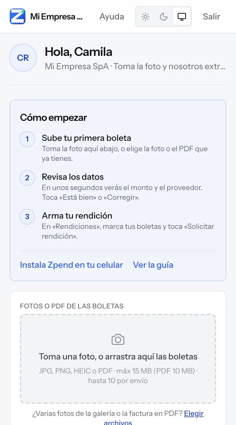 Portal en el celular de una persona que todavía no sube boletas: arriba la tarjeta «Cómo empezar» con tres pasos y debajo el formulario para subir la boleta.