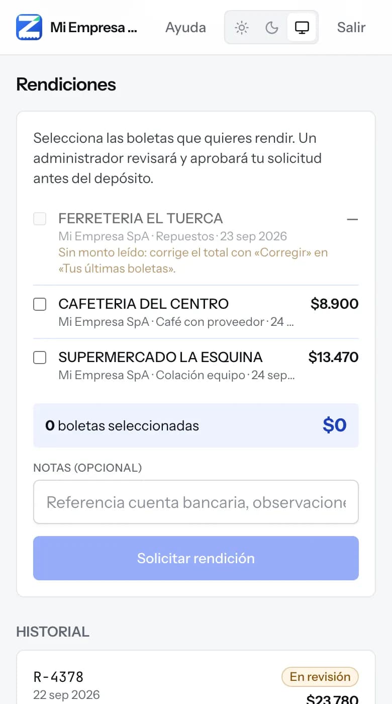 Sección «Rendiciones» en el celular: boletas con casillas para marcar, el total seleccionado, el campo de notas y el botón «Solicitar rendición».